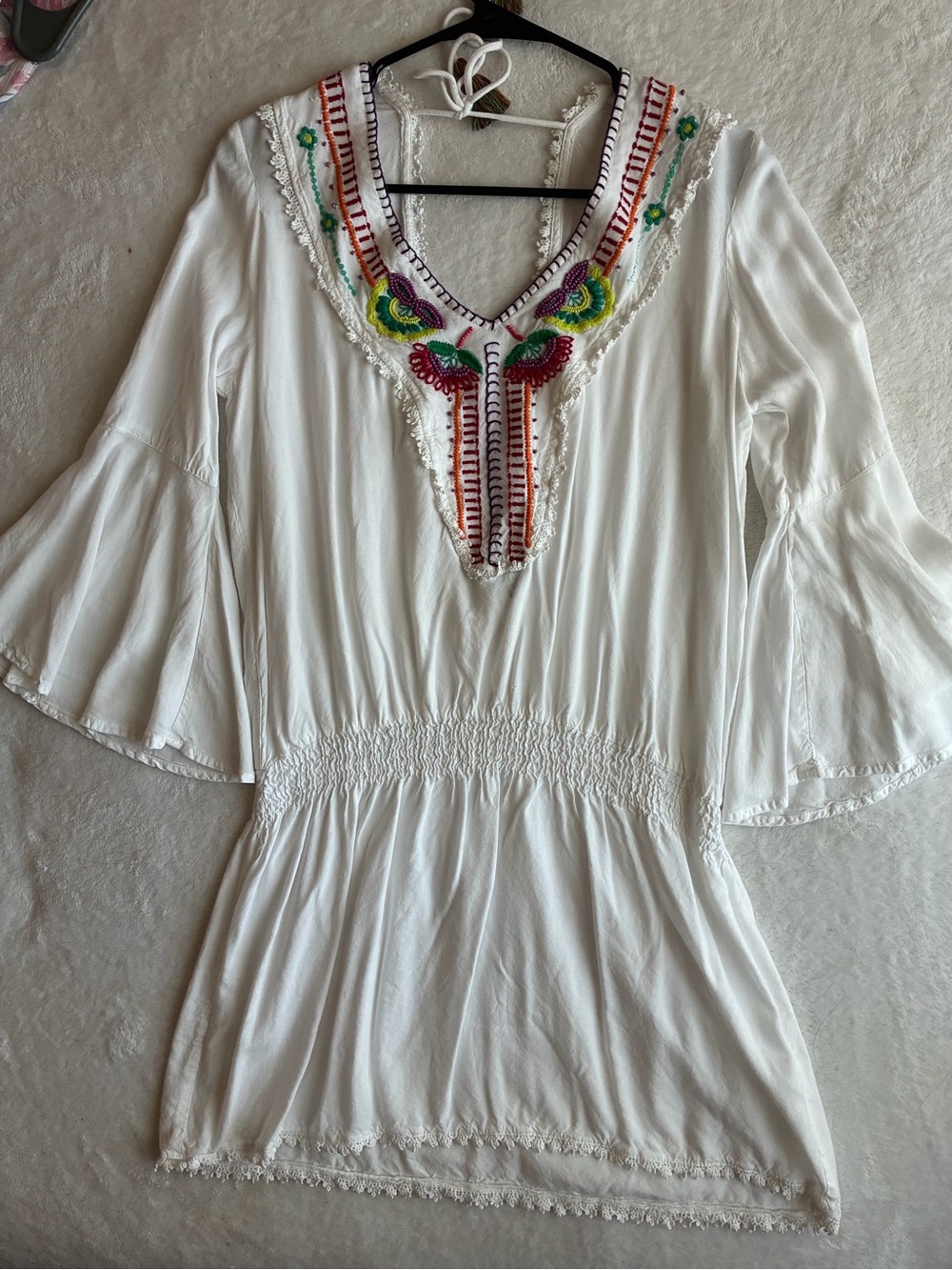 White Embroidered V-Neck Swim Coverup Tunic